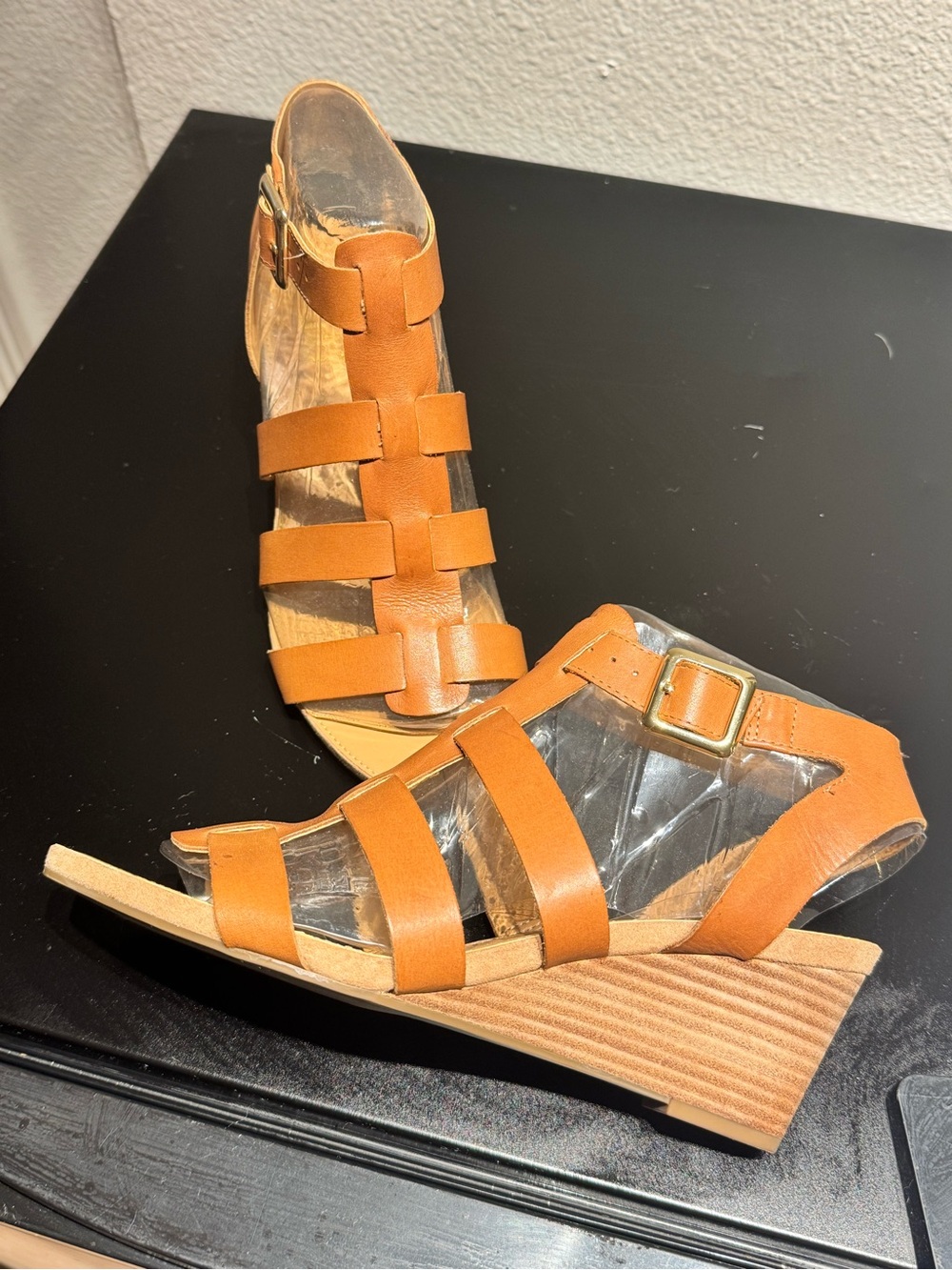 Women’s Franco Sarto Tan Wedge Sandals with Buckle - Picture 2 of 5